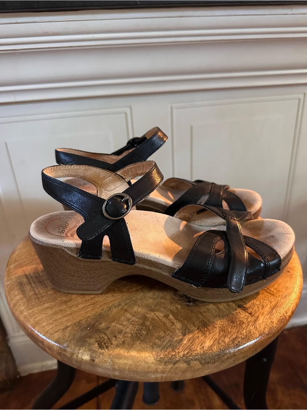 Dansko Black Leather Wedge Sandals with Buckle